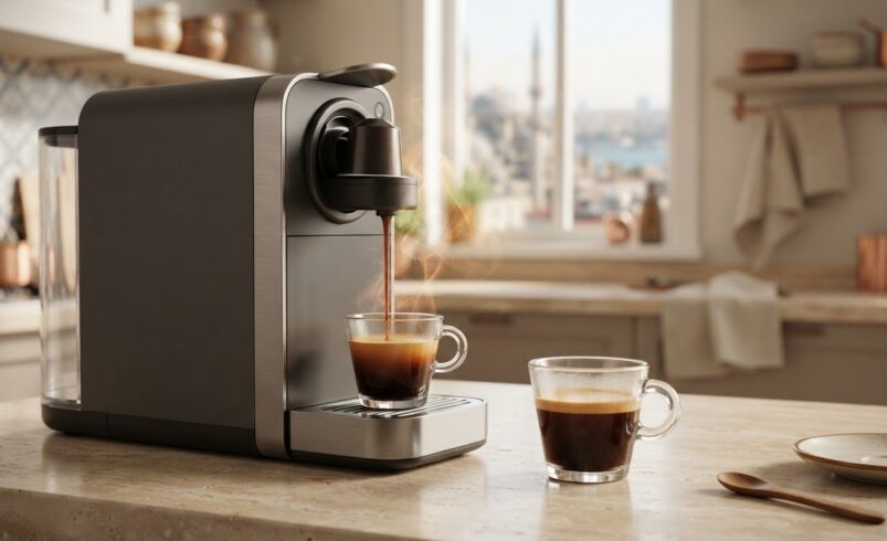 Espresso makinesinde lungo kapsül kahve hazırlama
