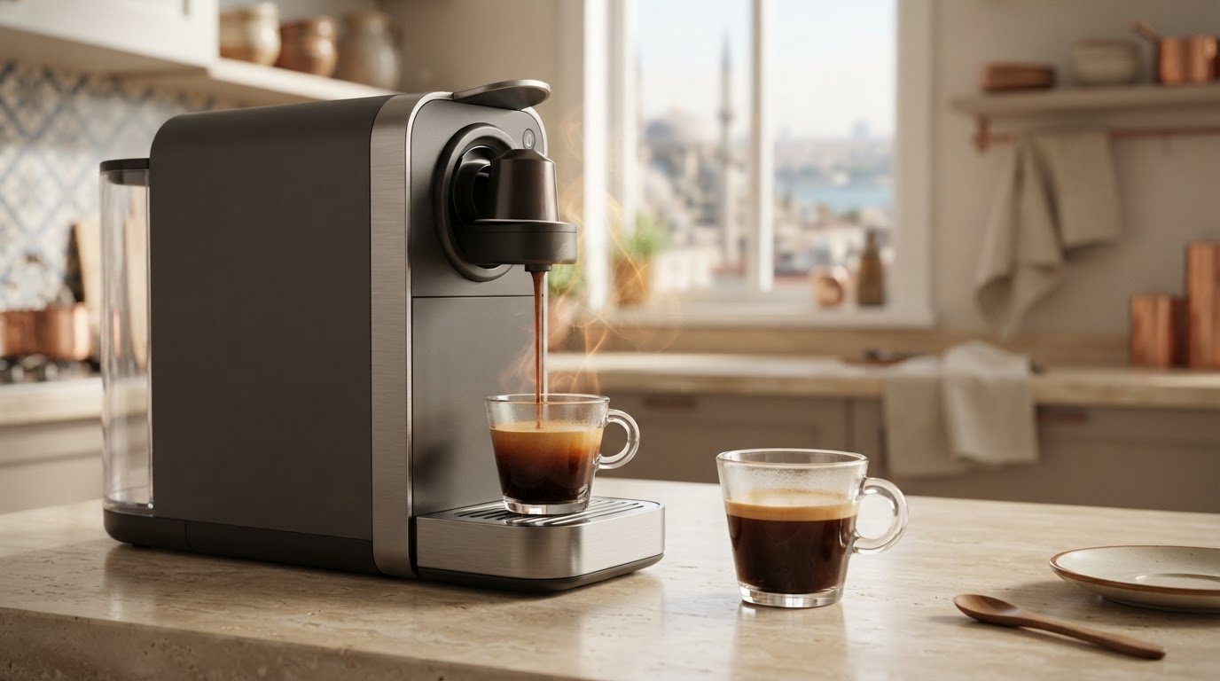 Espresso makinesinde lungo kapsül kahve hazırlama