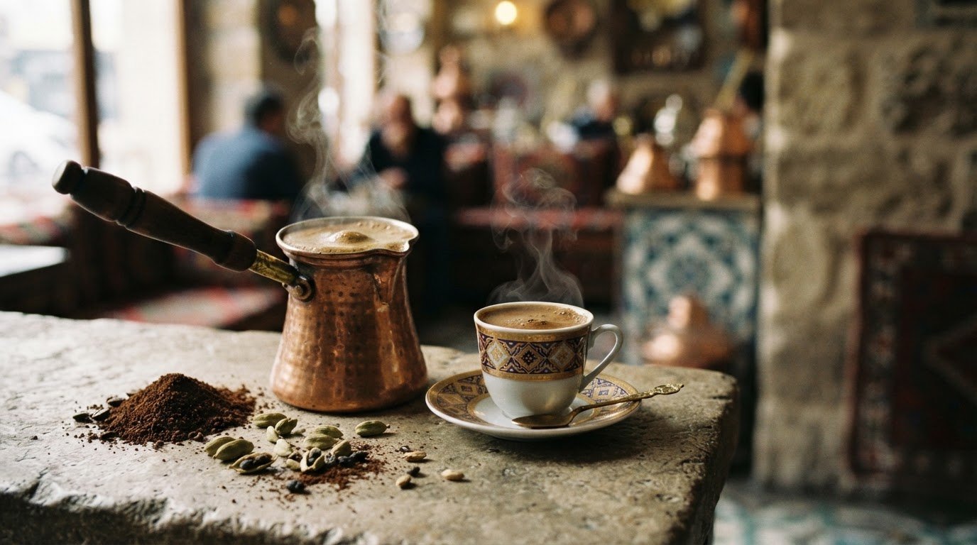 Kakuleli Türk kahvesinde çekirdek ve doğal kakule harmanı